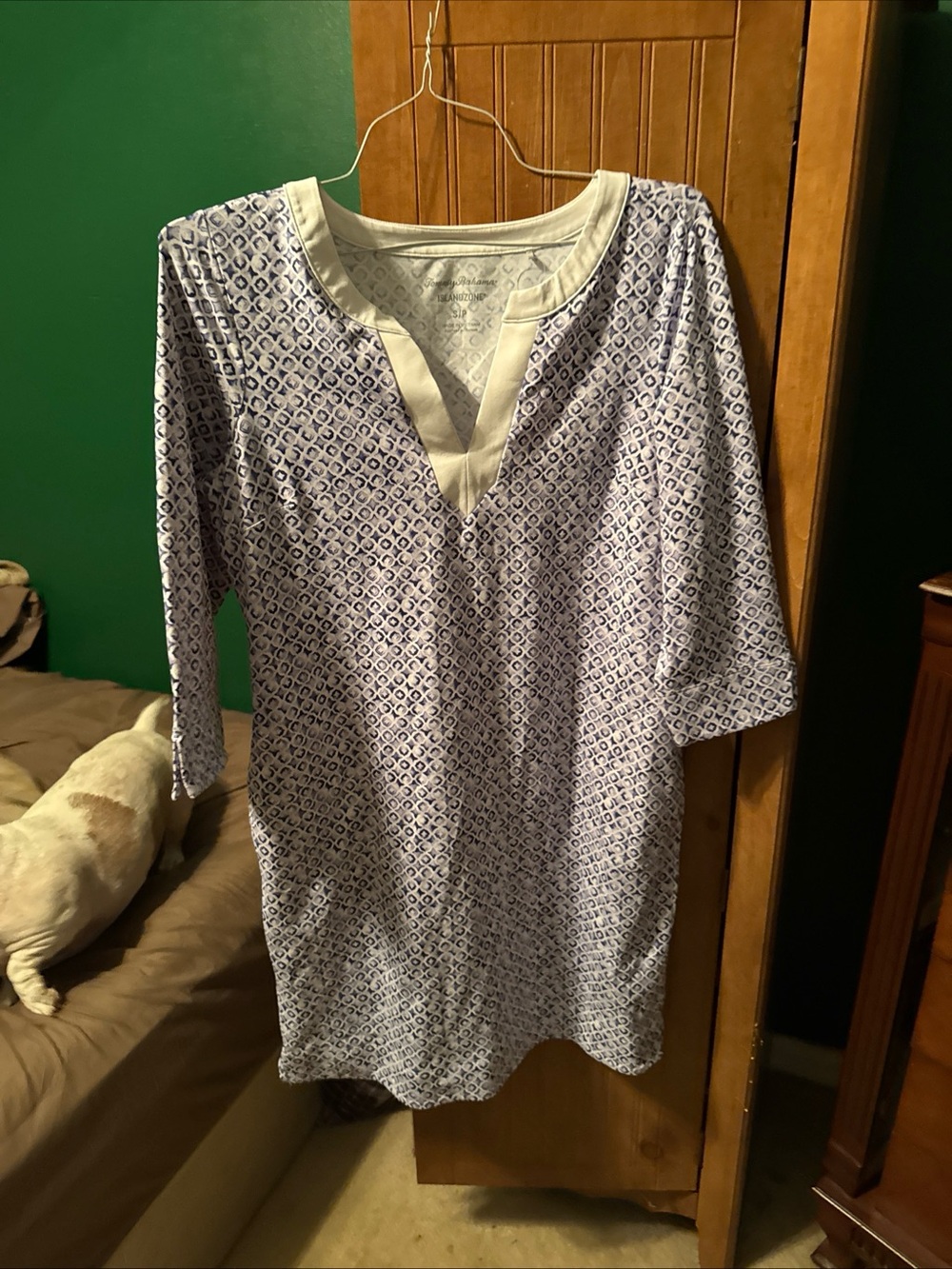 Tommy Bahama Women’s Knit V-Neck 3/4 Sleeve Geometric Dress Blue/White S
